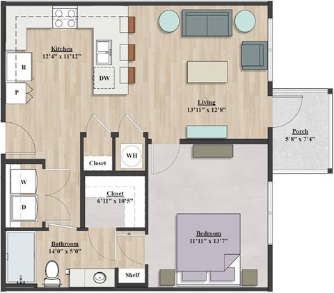 Floor plan for 1 bed, 1 bath, 695 sqft